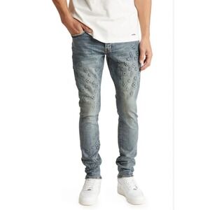 Purple Brand P001 Low Rise Slim Jeans Lt Indigo 3D Embossed Monogram‎ Button Fly